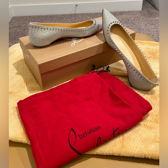 Christian Louboutin Shoes - Christian Louboutin Silver Glitter Anjalina Spike Flats